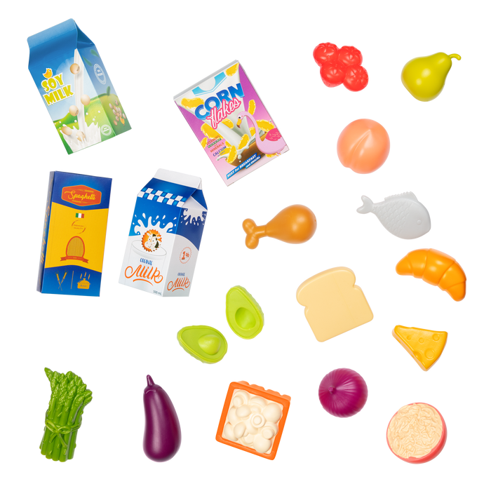 Toy shopping basket with play food.