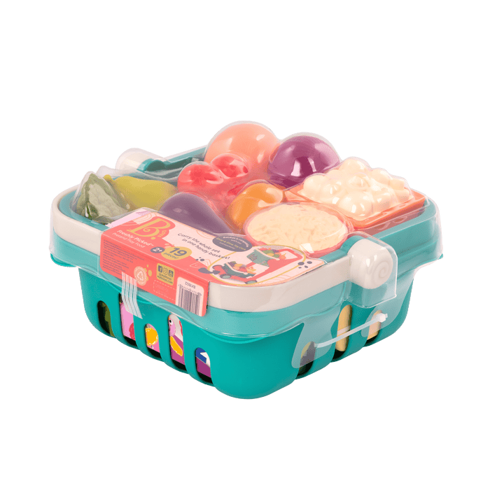 Toy shopping basket with play food.