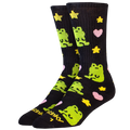 Pair of socks with green frog designs on a black background