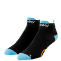 Black ankle socks with blue accents and 'finky' branding on a white background for running