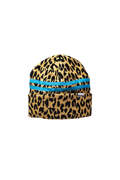 Leopard print beanie with blue band on a white background