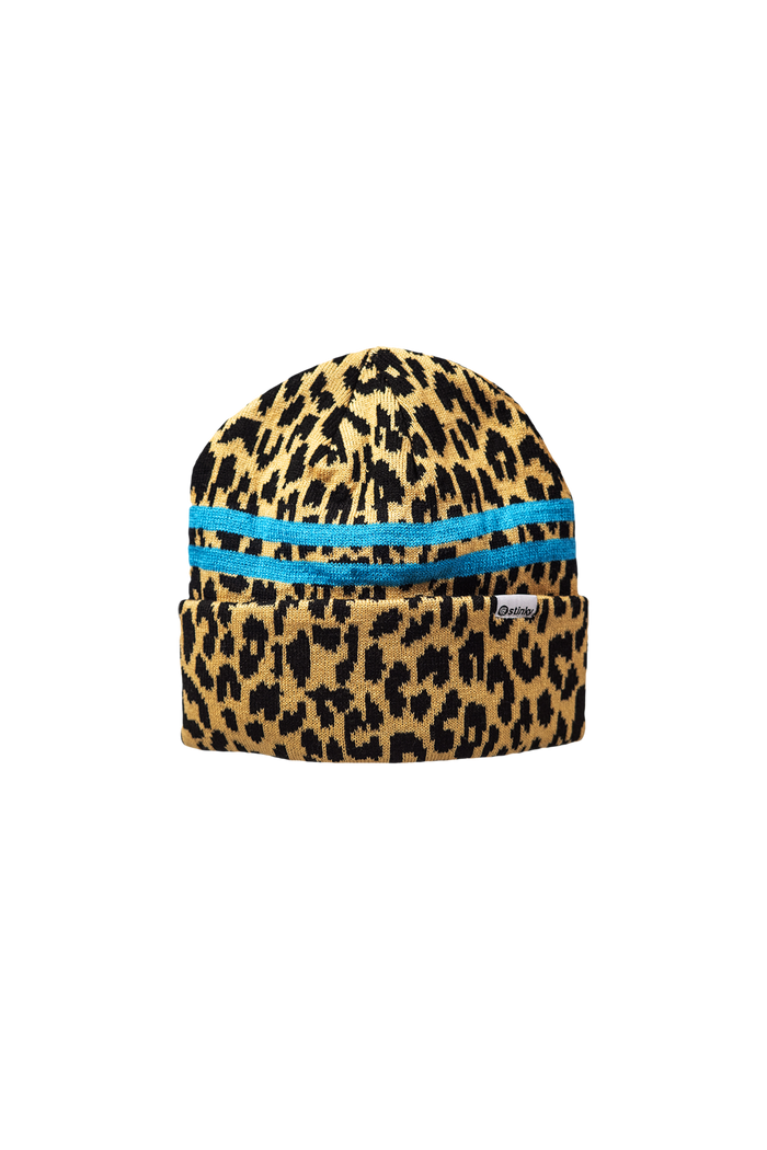 Leopard print beanie with blue band on a white background