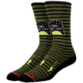 Pair of green striped socks with a black and white design on a white background