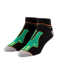Black socks with green and yellow designs on a white background