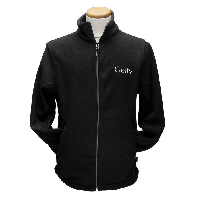 A black fleece jacket with a full zipper and a embroidered logo on the left chest area, displayed on a mannequin.