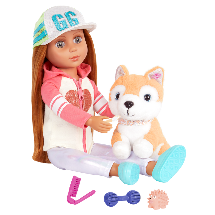 14-inch doll and Shiba Inu dog plushie with bedtime pet playset