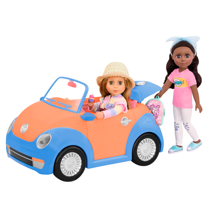 Orange and blue toy convertible punch buggy car