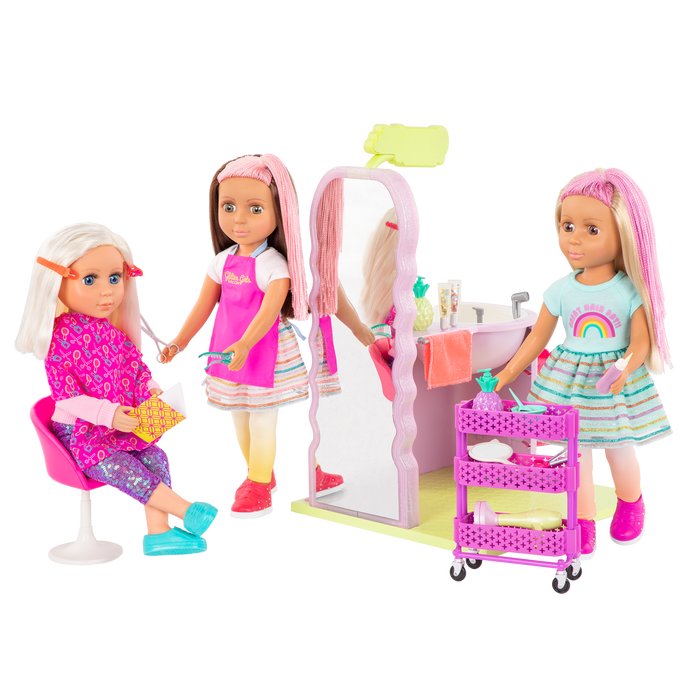 Two 14-inch dolls with hair salon playset