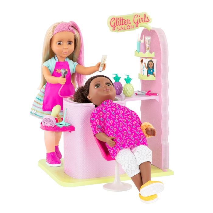 Two 14-inch dolls with hair salon playset