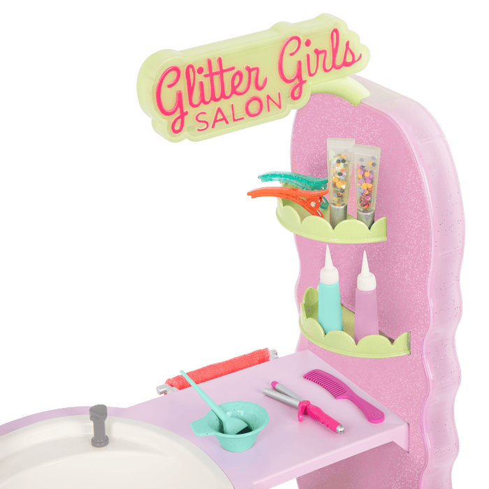 Two 14-inch dolls with hair salon playset