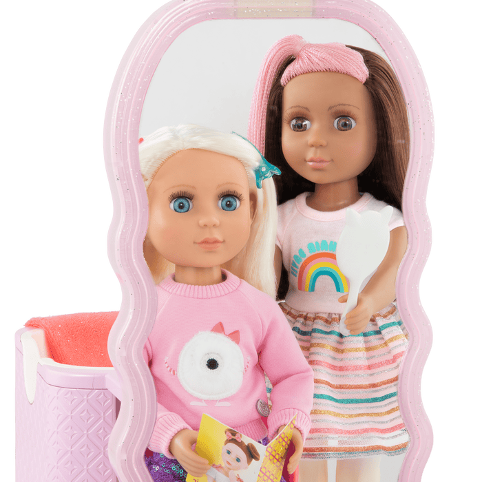 Two 14-inch dolls with hair salon playset