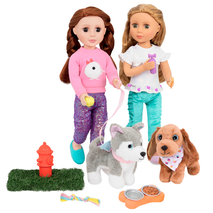 Two 14-inch dolls and dog plushies with pet accessories