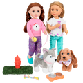 Two 14-inch dolls and dog plushies with pet accessories