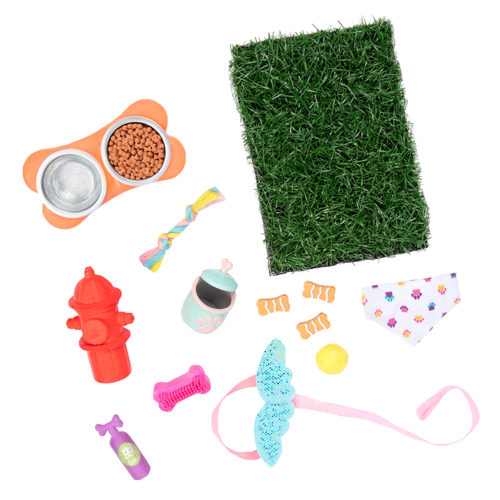 Two 14-inch dolls and dog plushies with pet accessories