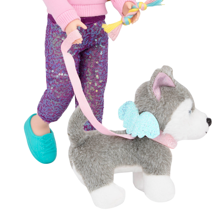 Two 14-inch dolls and dog plushies with pet accessories