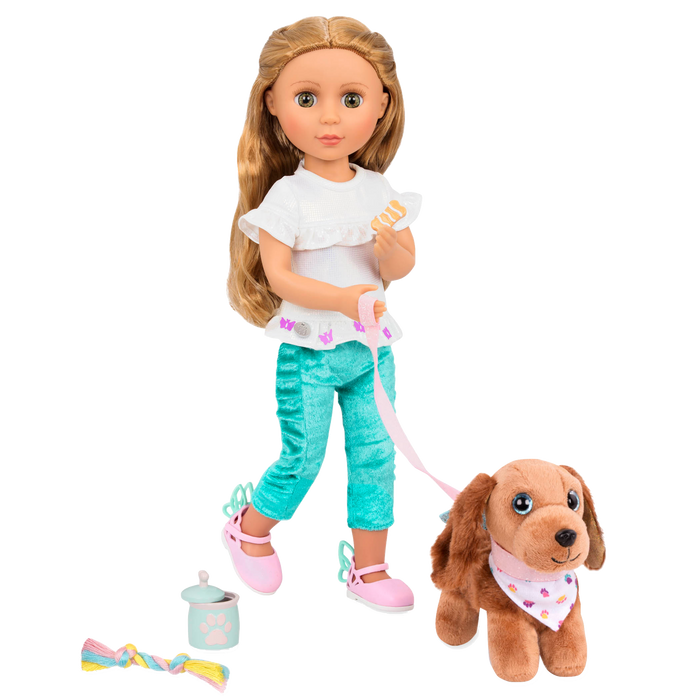Two 14-inch dolls and dog plushies with pet accessories