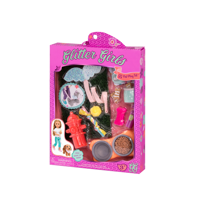 Two 14-inch dolls and dog plushies with pet accessories