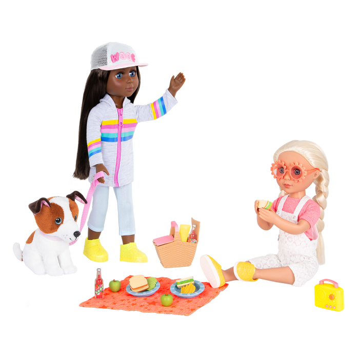 Two 14-inch dolls and Shiba Inu dog plushie with picnic playset
