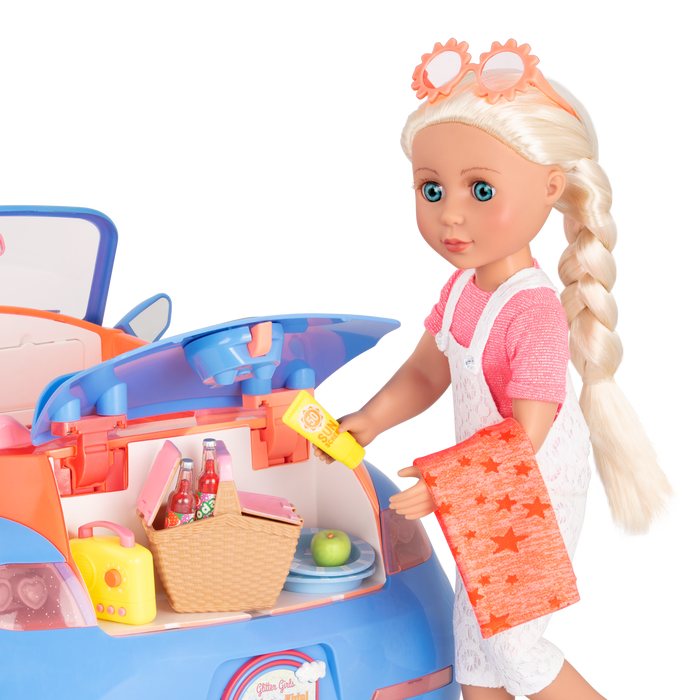 Two 14-inch dolls and Shiba Inu dog plushie with picnic playset