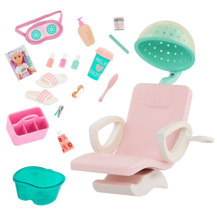 Two 14-inch dolls with salon chair and spa accessories