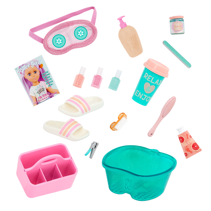 Two 14-inch dolls with salon chair and spa accessories