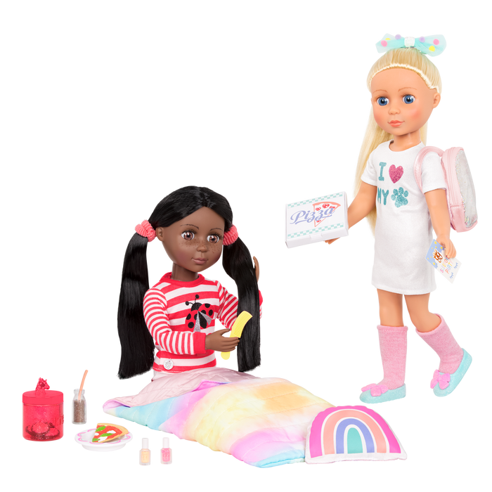 Two 14-inch dolls with sleepover party playset