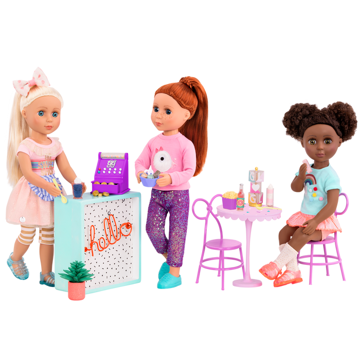 Three 14-inch dolls with terrace playset