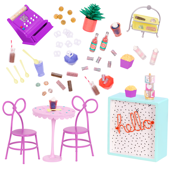 Three 14-inch dolls with terrace playset