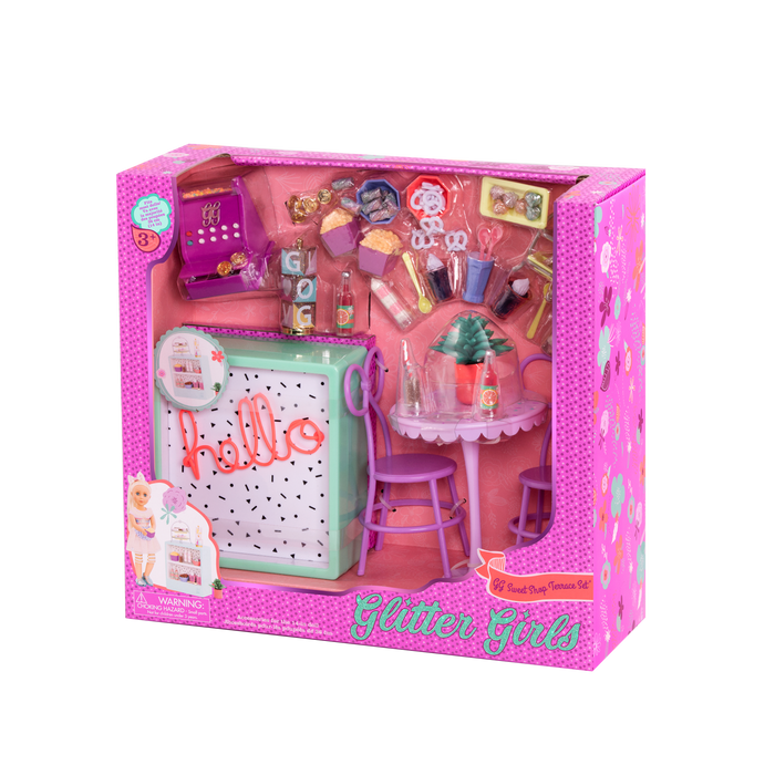 Three 14-inch dolls with terrace playset