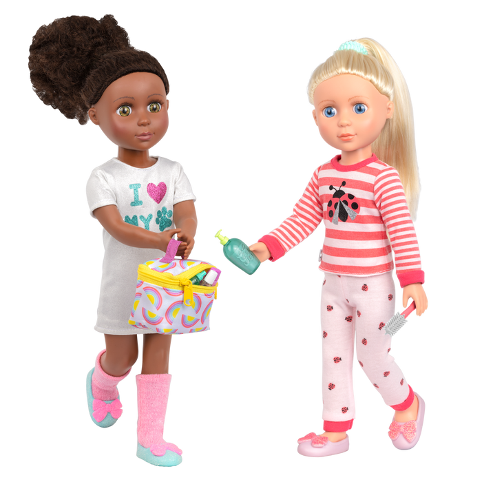 Two 14-inch dolls using travel bag and accessory playset