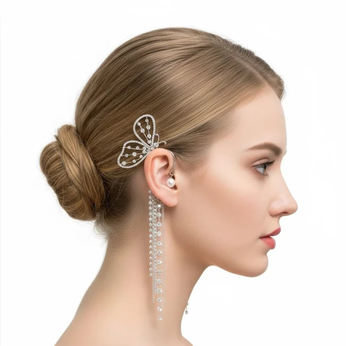 Glittery Butterfly Wing Tassel Ear Cuff with crystal chains and faux pearls /women's / one size/ left ear crawler