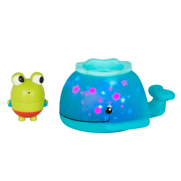Frog squirt and light-up whale bath toys.
