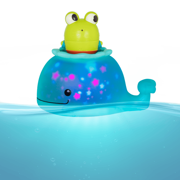 Frog squirt and light-up whale bath toys.