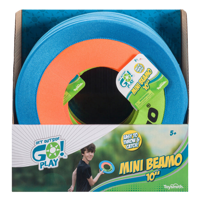 A box of GO! Play Beamo 10in Flying Discs by GO! Play-Beamo features kid-safe packaging showing a child playing outdoors. The disc is easy to throw and catch, designed for ages 5+, and comes in blue and orange.