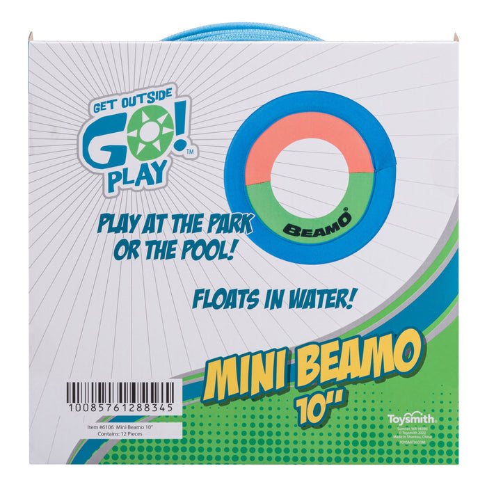 The image displays the blue, green, and white packaging for the GO! Play Beamo 10in Flying Disc by GO! Play-Beamo, highlighting kid-safe outdoor fun at the park or pool with a design that floats in water.