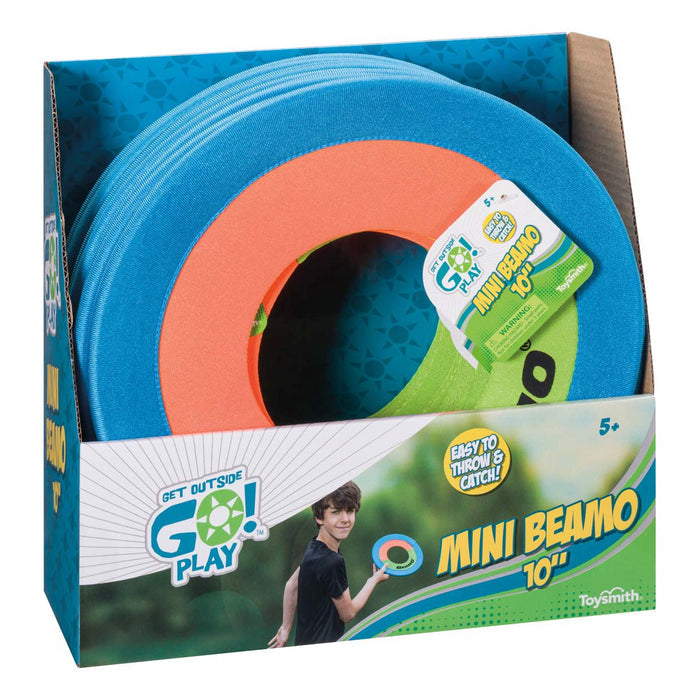A box of GO! Play-Beamo GO! Play Beamo 10in Flying Disc features blue and orange rings, labeled "Easy to throw & catch!" This kid-safe outdoor toy is perfect for ages 5+ and shows a child playing outside.