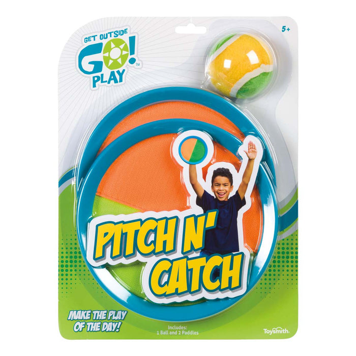 GO! Play Pitch N Catch by GO! Play is a fun outdoor toss and catch set for ages 5+. Includes two orange and blue paddles and a yellow-green ball. Packaging features a smiling child with a paddle and the text: Pitch N Catch.