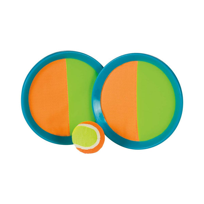 The GO! Play Pitch N Catch by GO! Play includes two circular paddles with blue rims—one half orange, one half green—and a matching orange, green, and yellow tennis ball for fun outdoor pitch and catch games.