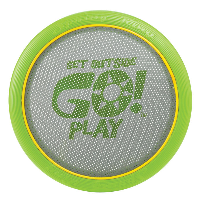 The GO! Play Spring Ring by GO! Play is a round green and yellow disc with a mesh center featuring "GET OUTSIDE GO! PLAY" in green text and a sun in the O—ideal for waterproof outdoor fun and classic Spring Ring games.
