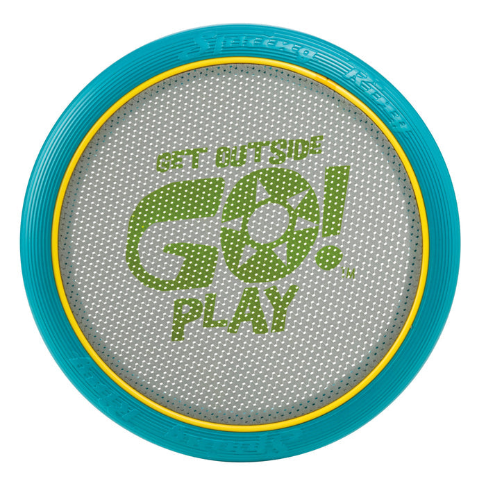 The GO! Play Spring Ring is a blue and yellow flying disc with a mesh center, green "GET OUTSIDE GO! PLAY" text, and a sun for the "O." Waterproof and perfect for outdoor play. From the GO! Play brand.