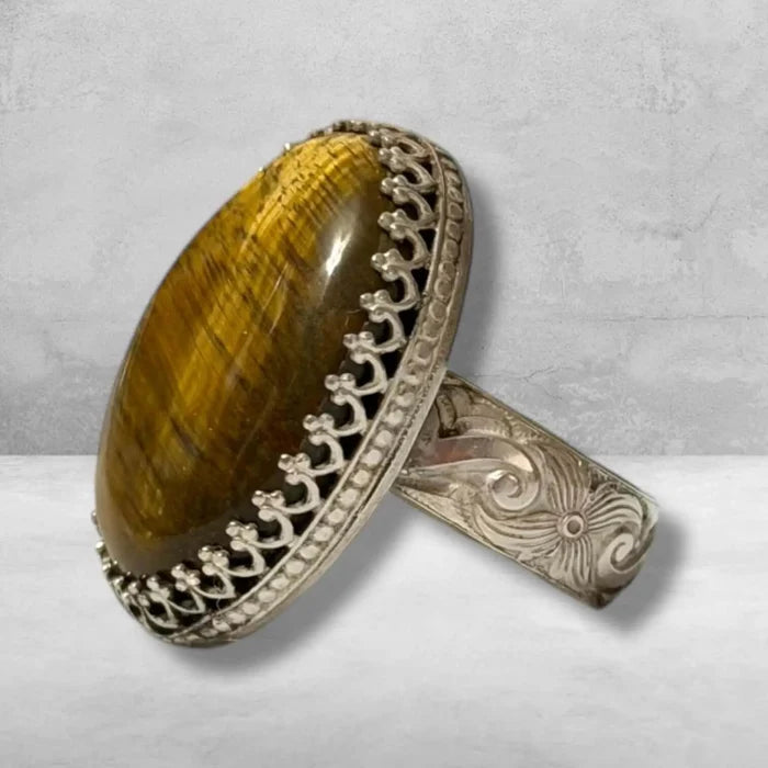 Golden Tigers Eye Sterling Silver Ring with 30.28 carat cabochon stone and wide floral artisan band