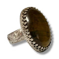 Golden Tigers Eye Sterling Silver Ring with 30.28 carat cabochon stone and wide floral artisan band