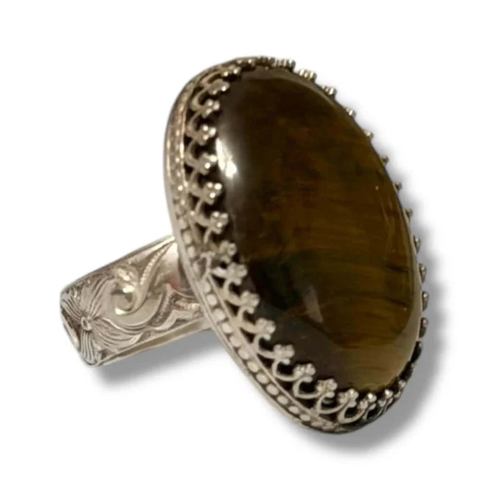 Golden Tigers Eye Sterling Silver Ring with 30.28 carat cabochon stone and wide floral artisan band