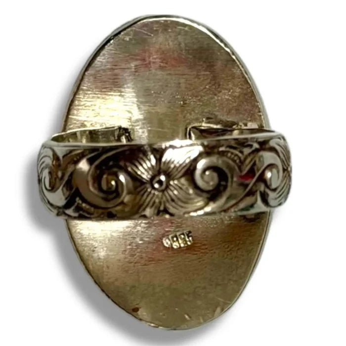 Golden Tigers Eye Sterling Silver Ring with 30.28 carat cabochon stone and wide floral artisan band
