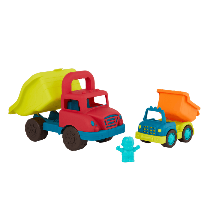 Large toy dump truck and small toy dump truck.