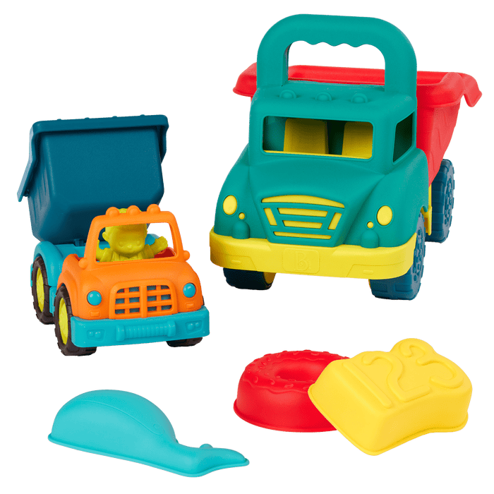 Toy dump trucks with sand molds