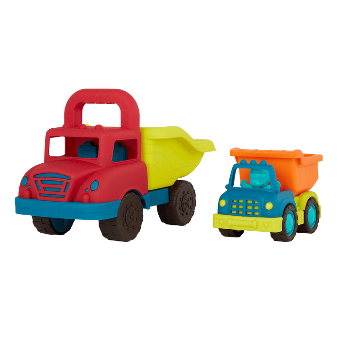 Large toy dump truck and small toy dump truck.