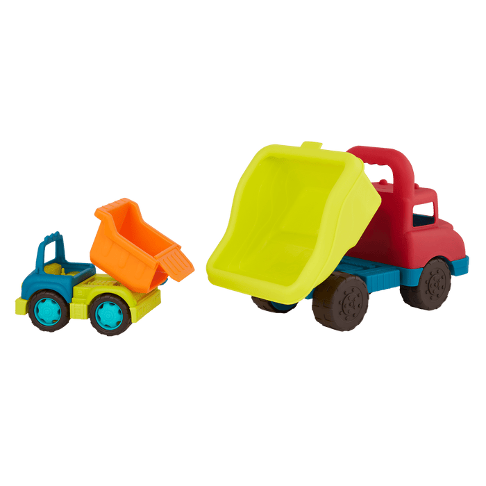 Large toy dump truck and small toy dump truck.
