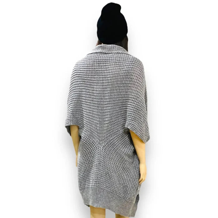 gray mid length knit cardigan with pockets open front rolled collar gray cardigan with batwing sleeves