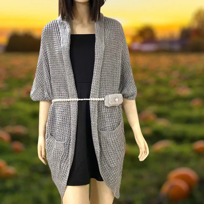 gray mid length knit cardigan with pockets open front rolled collar gray cardigan with batwing sleeves